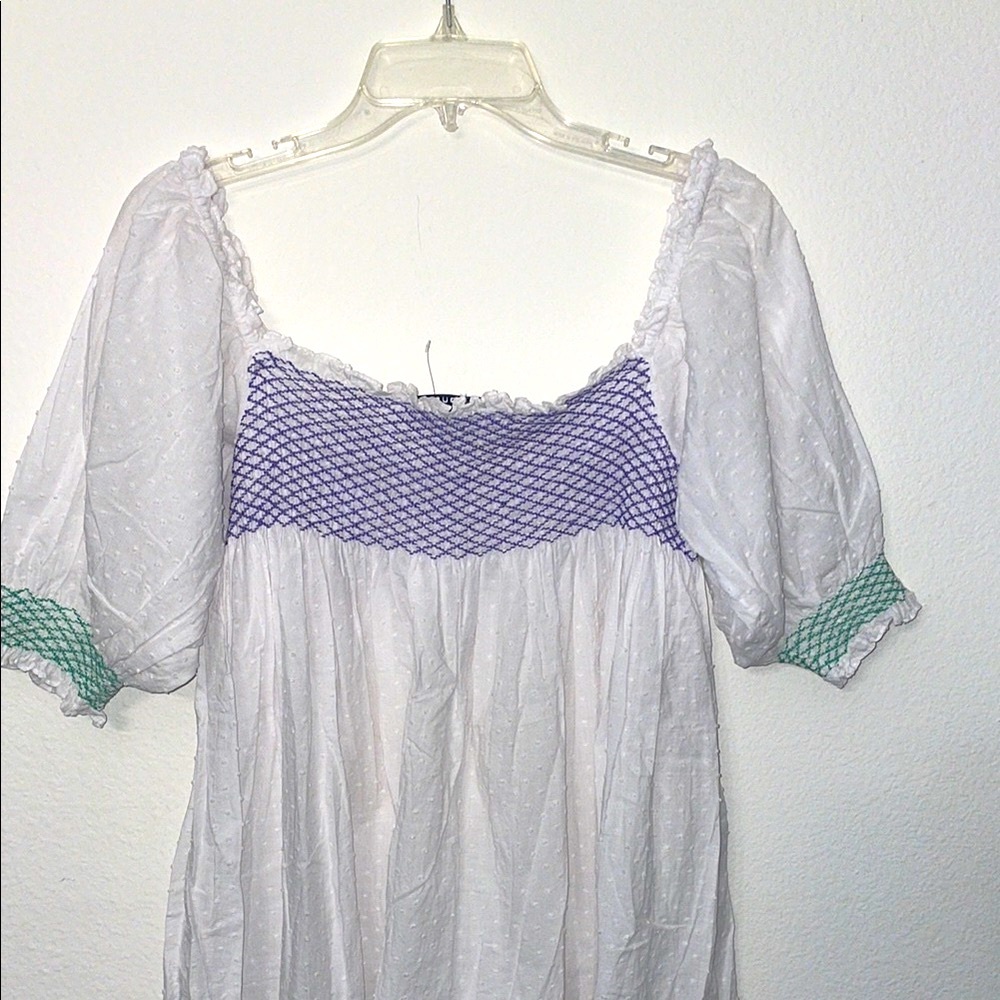 Hill House White and Purple Smocked Over The Shoulders Women's Mini Dress - Picture 6 of 7
